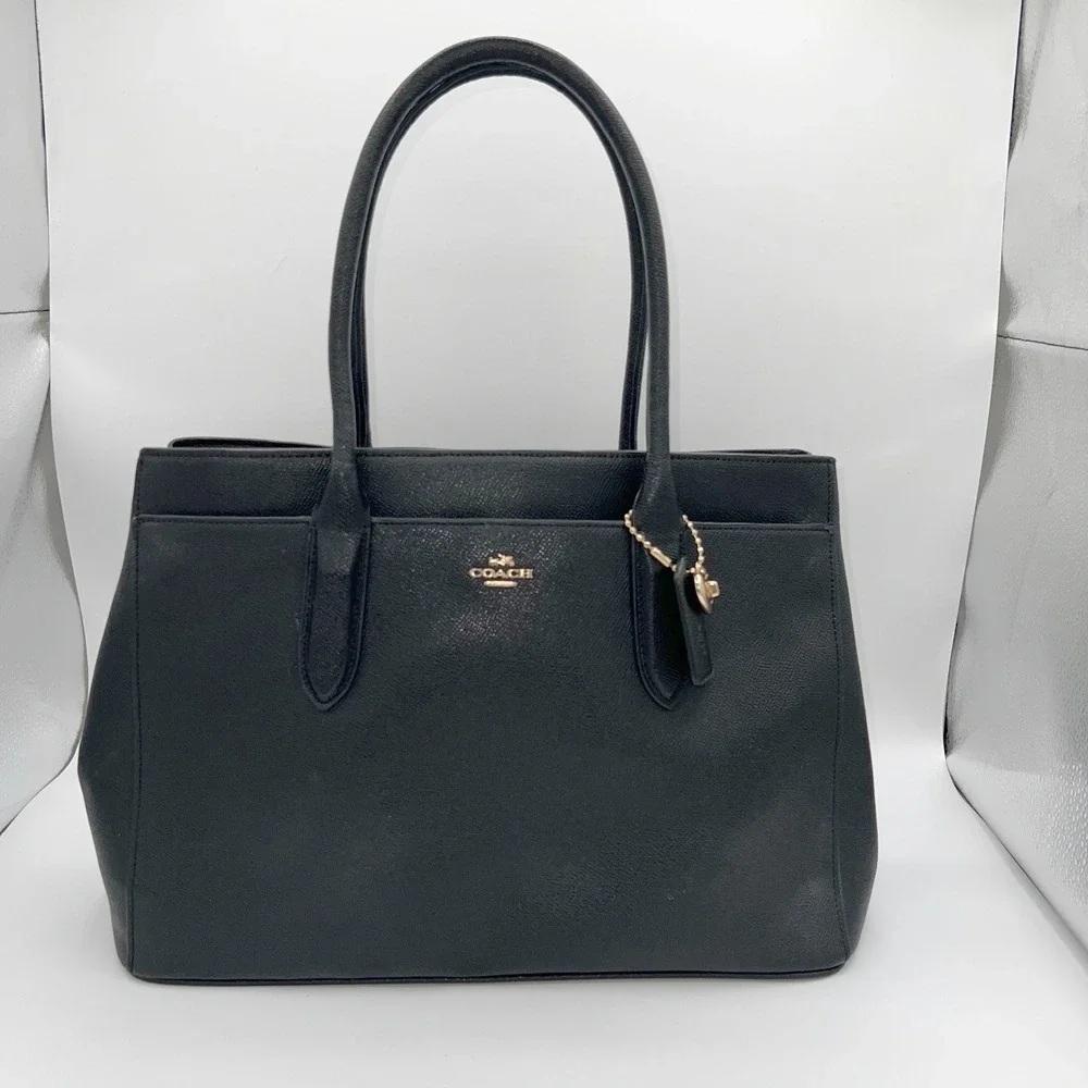 Coach Pebbled Leather Tote Bag Top Handle Black Gold Heart Charm Black Lining‎